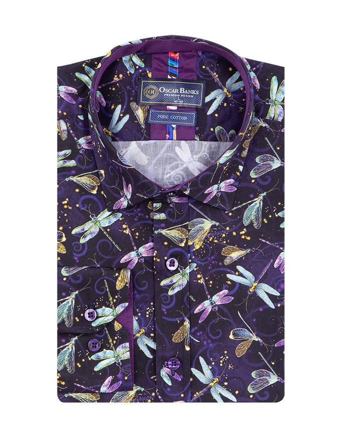 Purple Dragonfly Print Shirt with Matching Handkerchief-Makrom