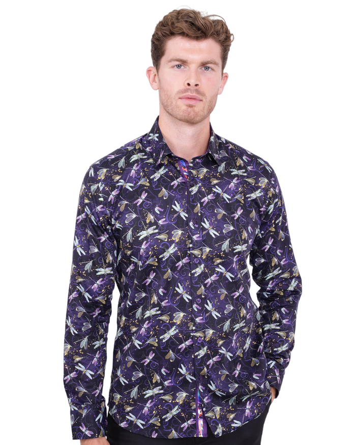 Purple Dragonfly Print Shirt with Matching Handkerchief-Makrom