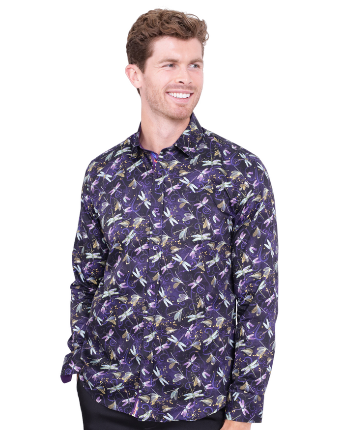 Purple Dragonfly Print Shirt with Matching Handkerchief-Makrom