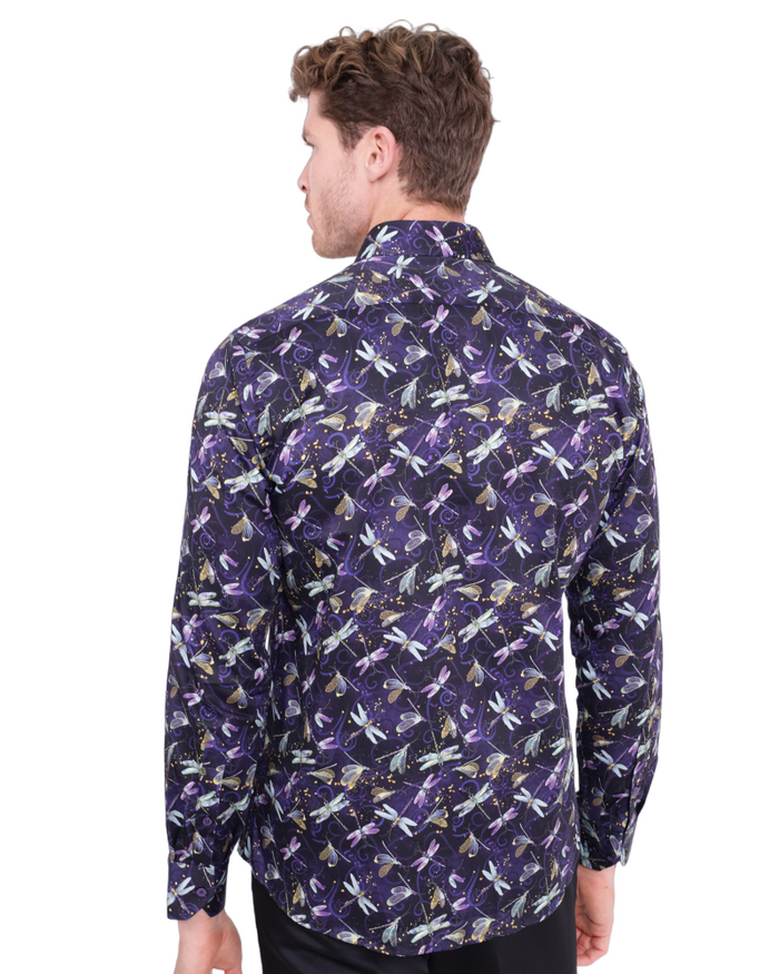 Purple Dragonfly Print Shirt with Matching Handkerchief-Makrom