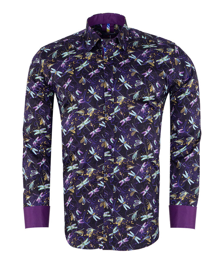 Purple Dragonfly Print Shirt with Matching Handkerchief-Makrom