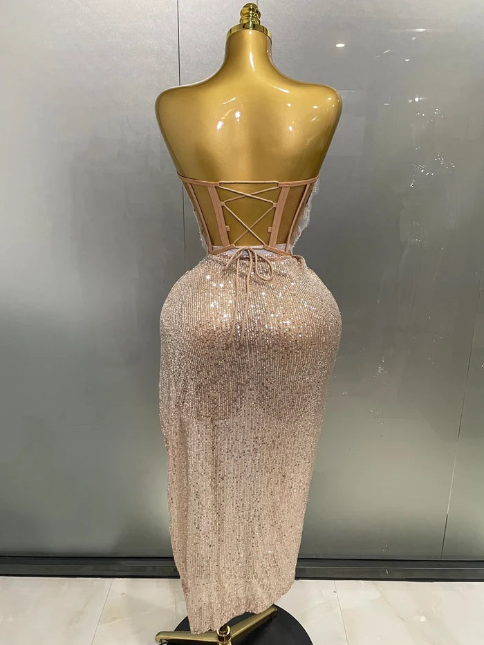 Mannequin Wearing a Sparkly Rhinestone Sequins Two Pieces Birthday Dress with Crystal Embellishments and a Bodycon Fit, Styled for Luxe Celebrations