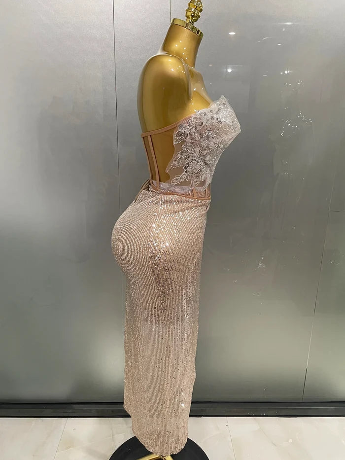 Mannequin Wearing a Sparkly Rhinestone Sequins Two Pieces Birthday Dress with Crystal Embellishments and a Bodycon Fit, Styled for Luxe Celebrations