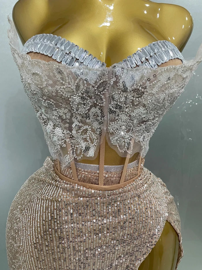 Mannequin Wearing a Sparkly Rhinestone Sequins Two Pieces Birthday Dress with Crystal Embellishments and a Bodycon Fit, Styled for Luxe Celebrations