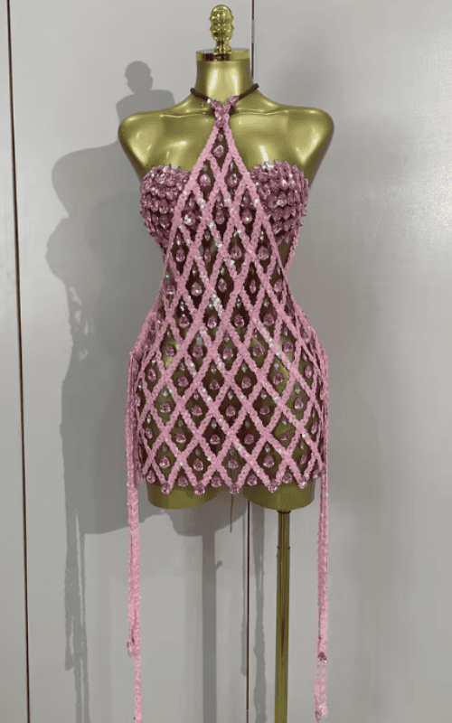 Razzle Sparkly Pink Rhinestone Mesh Two Piece Set