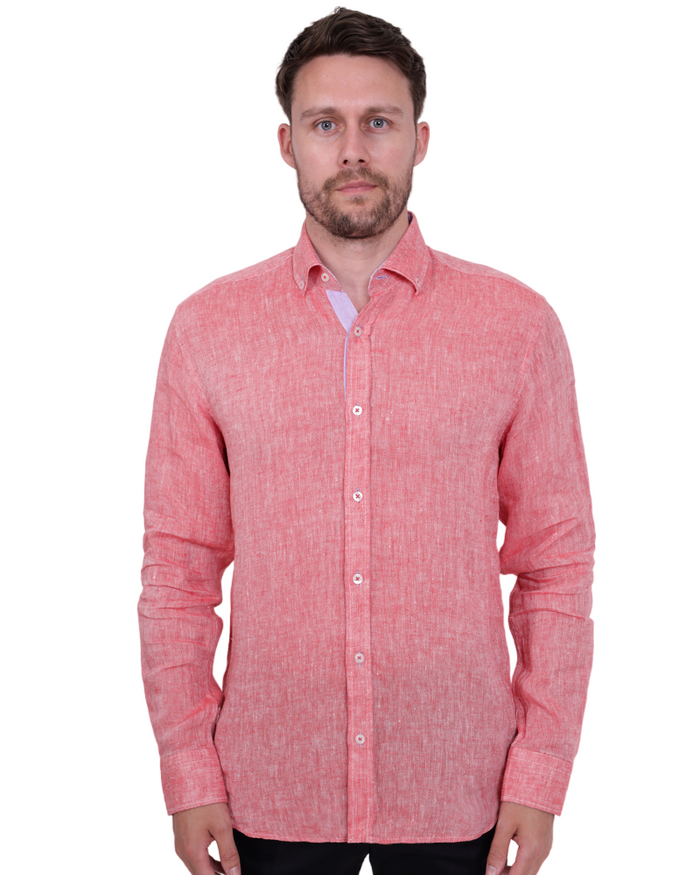 Red Linen Long Sleeve Shirt-Makrom