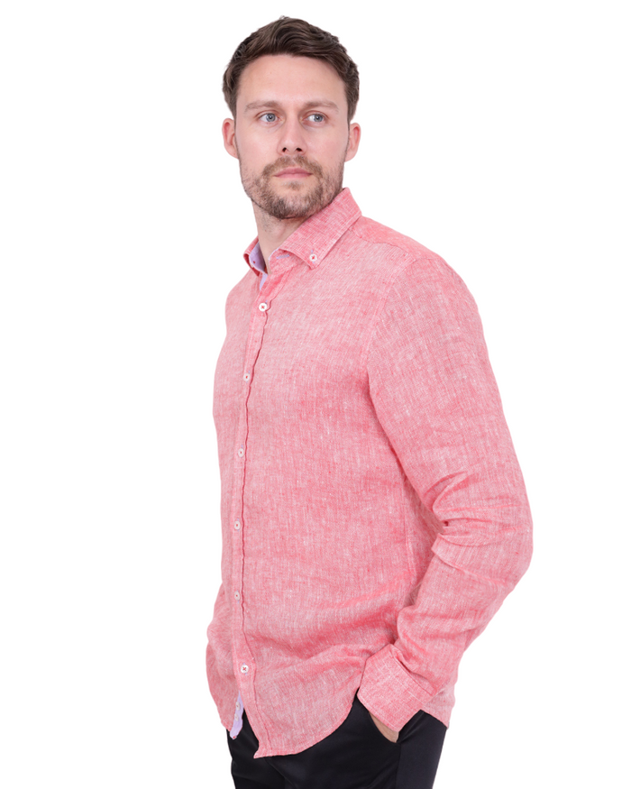 Red Linen Long Sleeve Shirt-Makrom