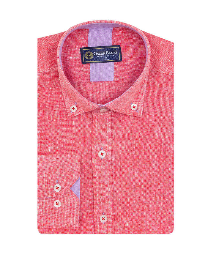 Red Linen Long Sleeve Shirt-Makrom