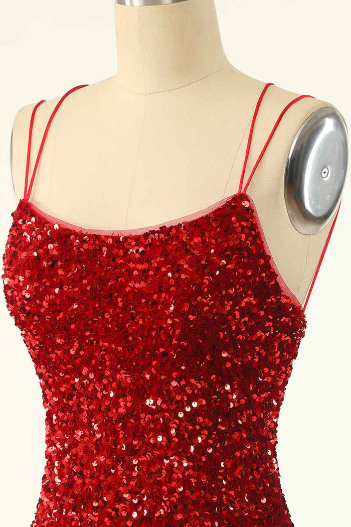 Red Sequin Lace-Up Bodycon Mini Homecoming Dress