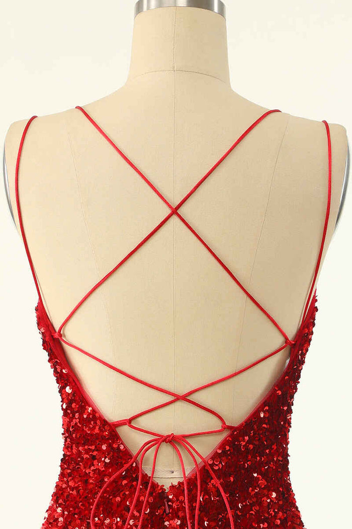 Red Sequin Lace-Up Bodycon Mini Homecoming Dress