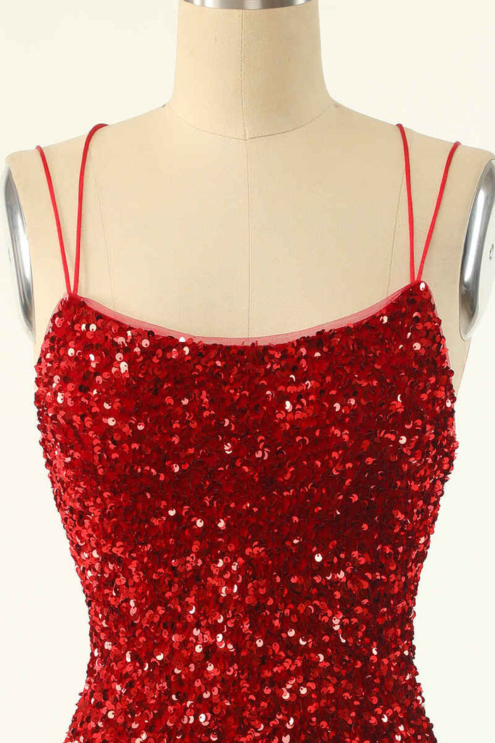 Red Sequin Lace-Up Bodycon Mini Homecoming Dress