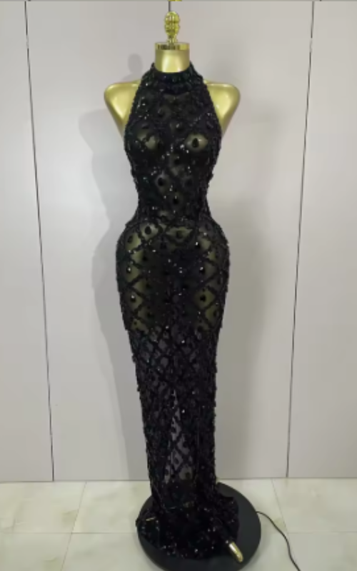 Reign luxury sparkly diamonds mesh long dress with shimmering sequins and sheer fabric.
