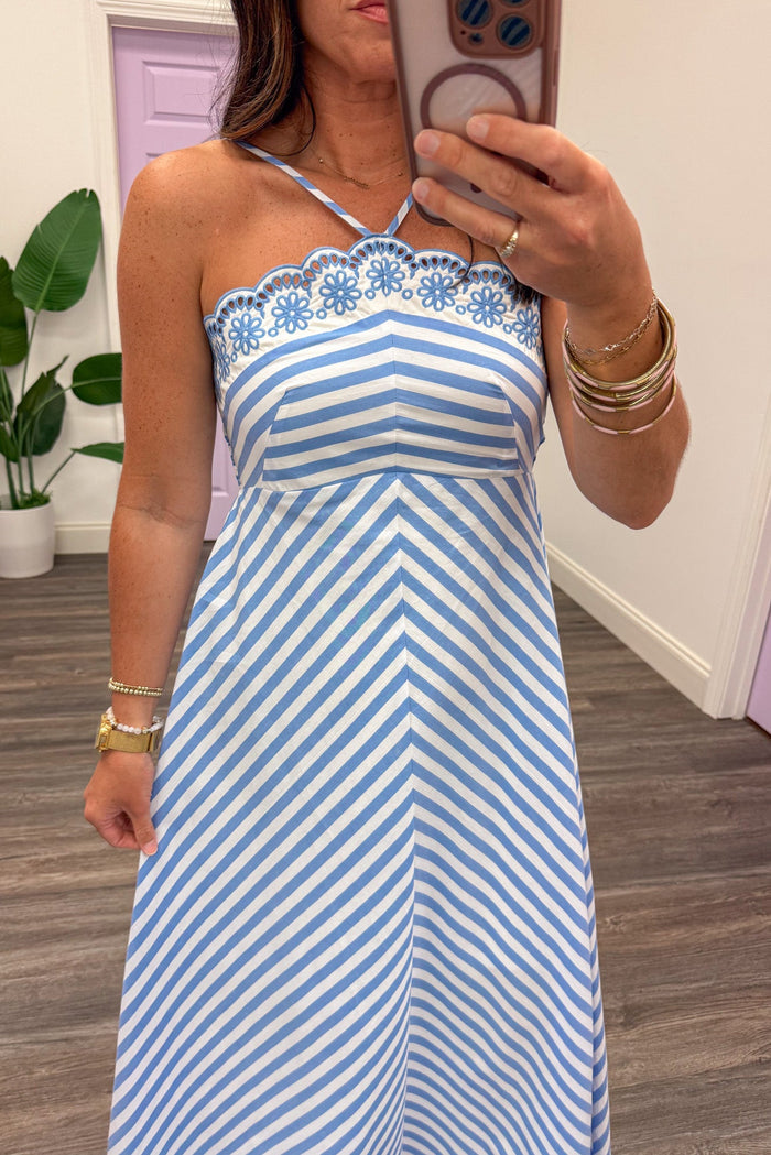 blue and white chevron print floral embroidery scallop trim halter midi dress