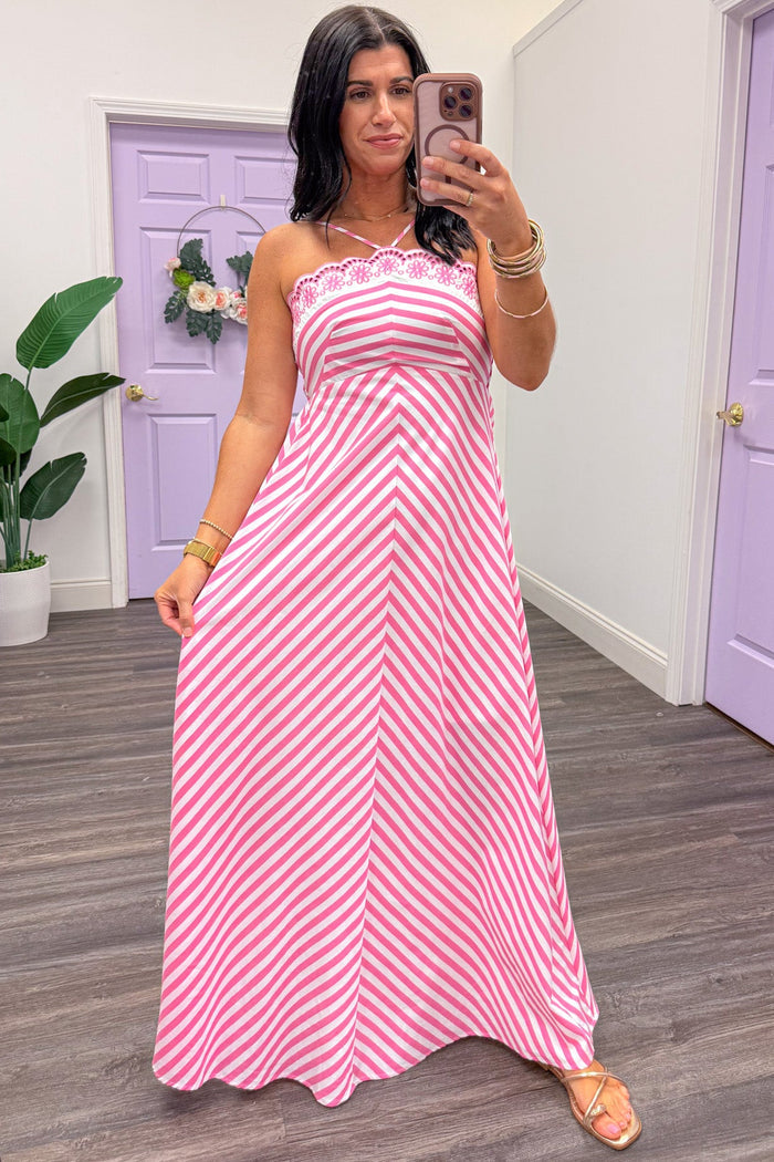 pink and white chevron striped fitted bodice flowy skirt midi dress