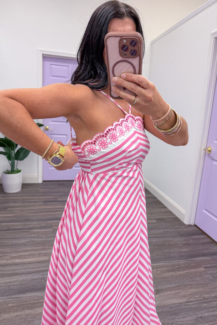 pink and white chevron striped sleeveless midi dress stretch smocked back