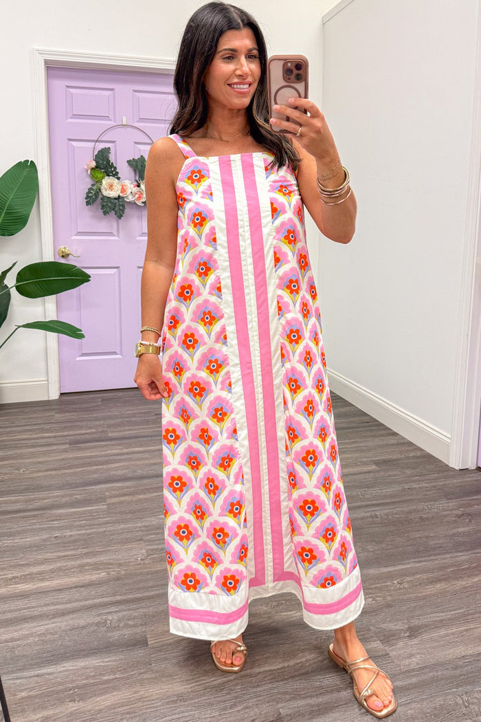 pink orange and cream floral print front stripe sleeveless midi dress