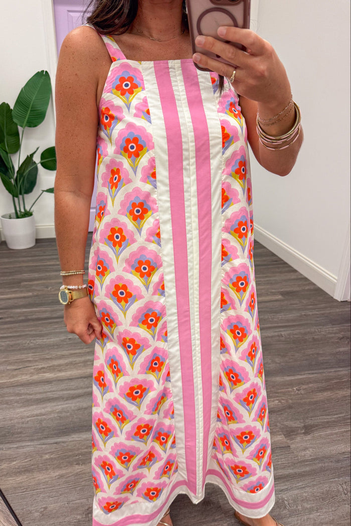 pink orange and cream floral print square neckline sleeveless midi dress