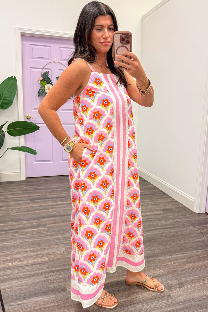 pink orange and cream floral print sleeveless midi dress with side pockets