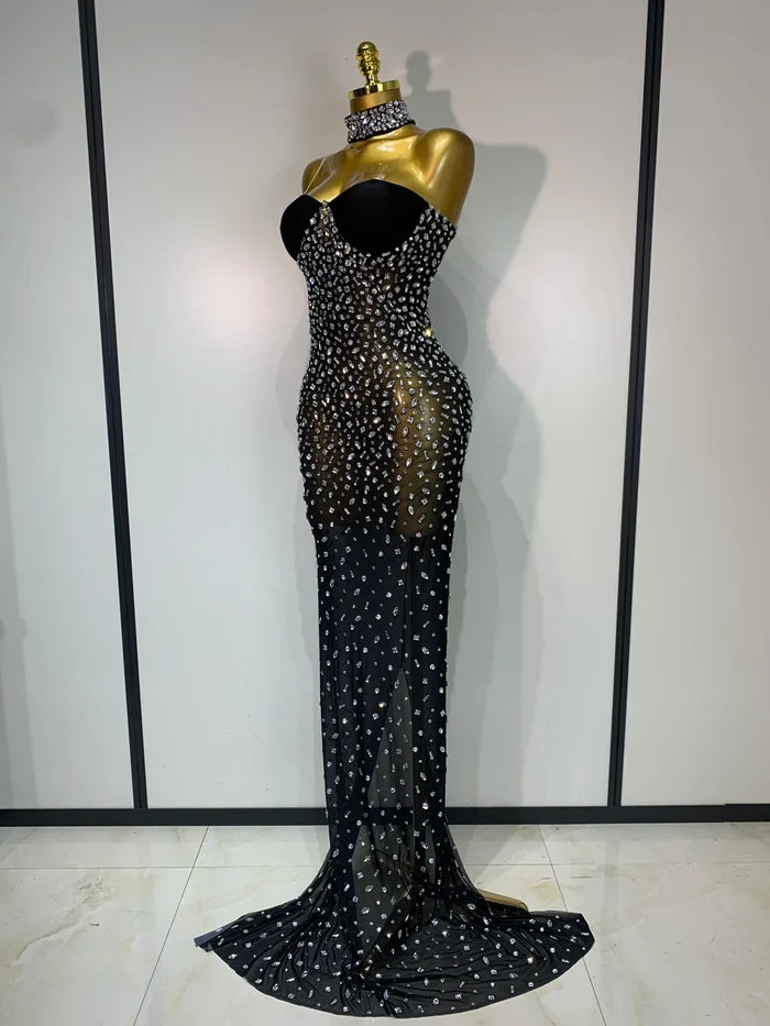 Rhinestone transparent mesh maxi dress with long elegant silhouette
