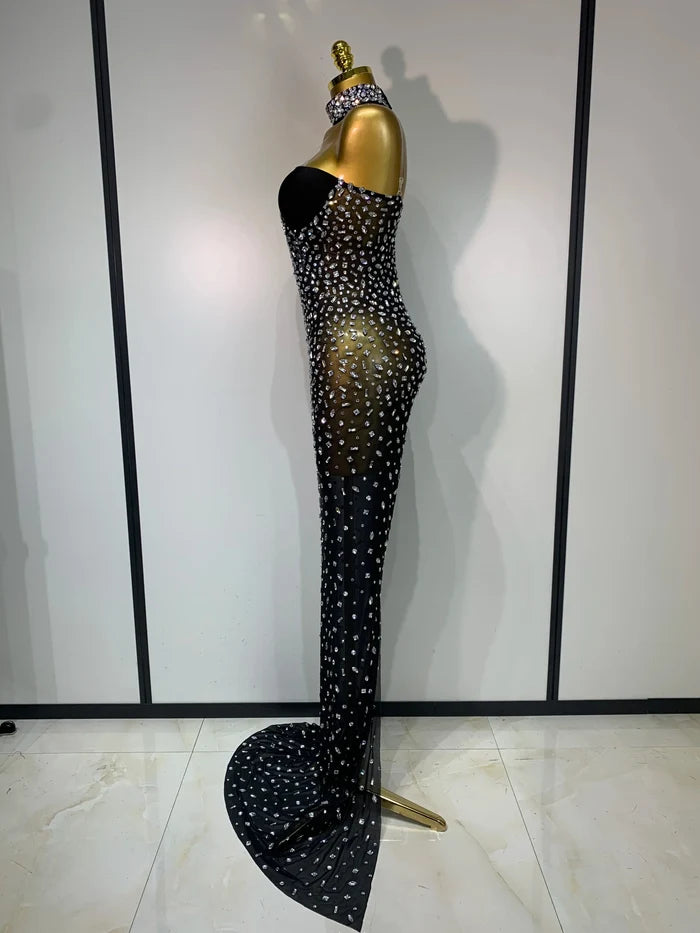 Rhinestone transparent mesh maxi dress with long elegant silhouette