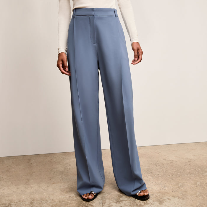 front image of a woman wearing Rina Sculptural Pant - OrigamiTech :: Dusty Blue | Lead