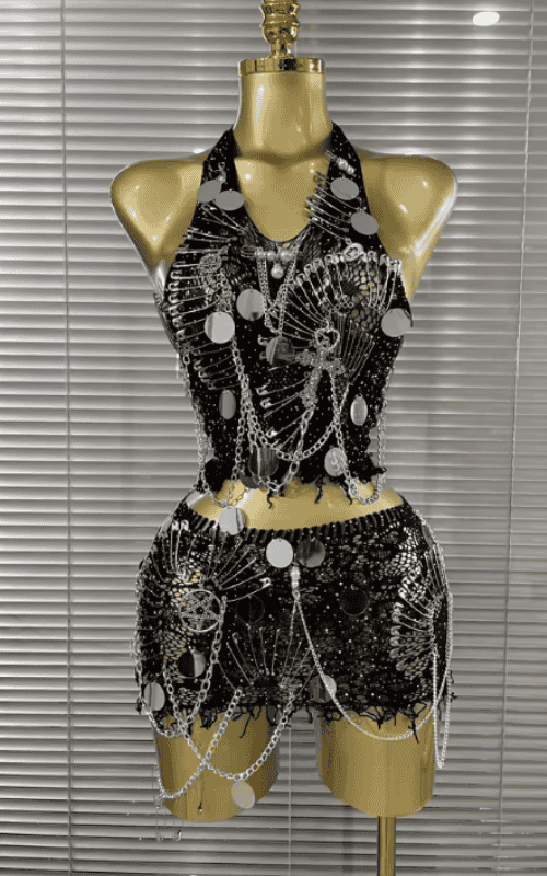 Rinah Sparkly Sequin Chain Two Piece Birthday Mini Dress Set
