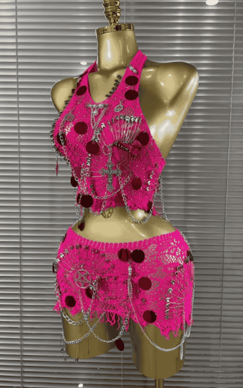 Rinah Sparkly Sequin Chain Two Piece Birthday Mini Dress Set