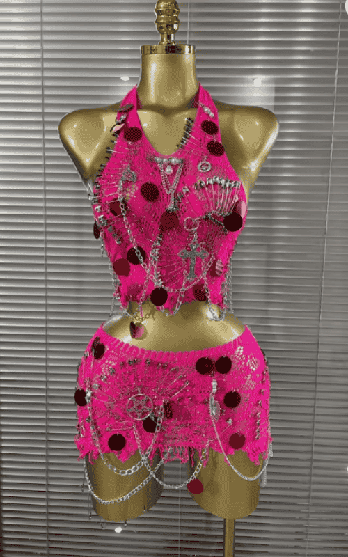 Rinah Sparkly Sequin Chain Two Piece Birthday Mini Dress Set