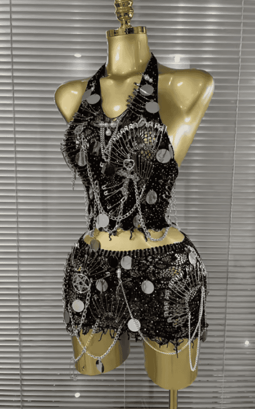 Rinah Sparkly Sequin Chain Two Piece Birthday Mini Dress Set