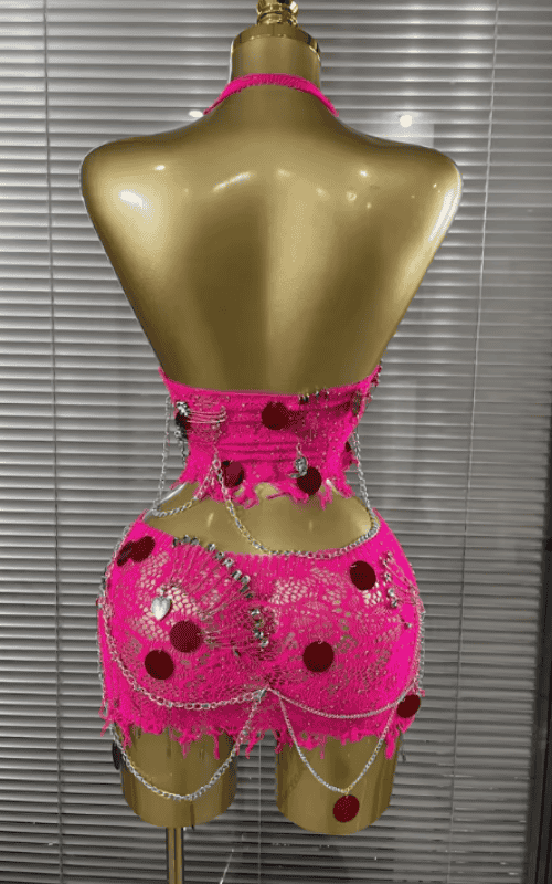 Rinah Sparkly Sequin Chain Two Piece Birthday Mini Dress Set