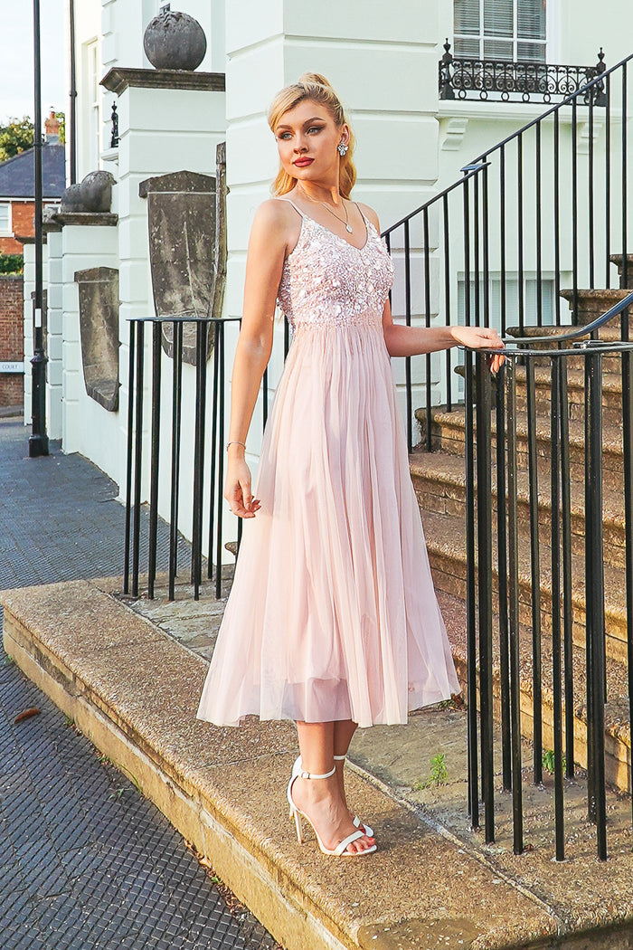 Riri Nude Pink Embellished Midi Dress
