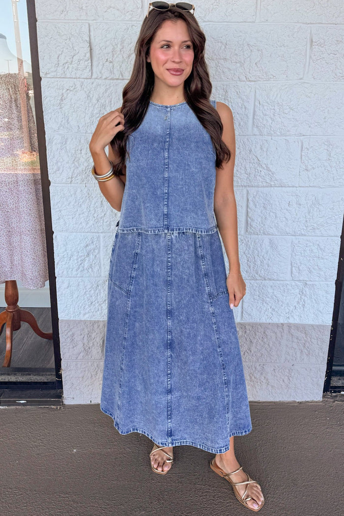 washed blue denim elastic waist flowy silhouette midi skirt