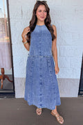 washed blue denim elastic waist flowy silhouette midi skirt
