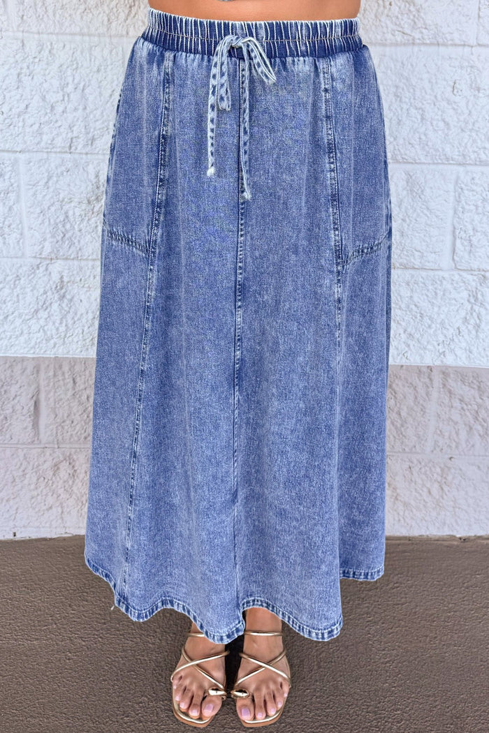 washed blue denim drawstring elastic waist flowy silhouette midi skirt