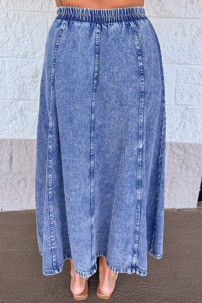 washed blue lightweight denim elastic waist flowy silhouette midi skirt