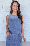 washed blue denim sleeveless crew neckline semi-cropped top