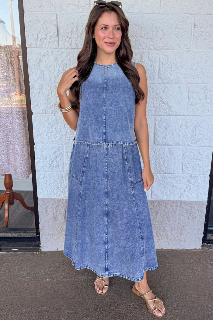 washed blue lightweight denim sleeveless crew neckline semi-cropped top
