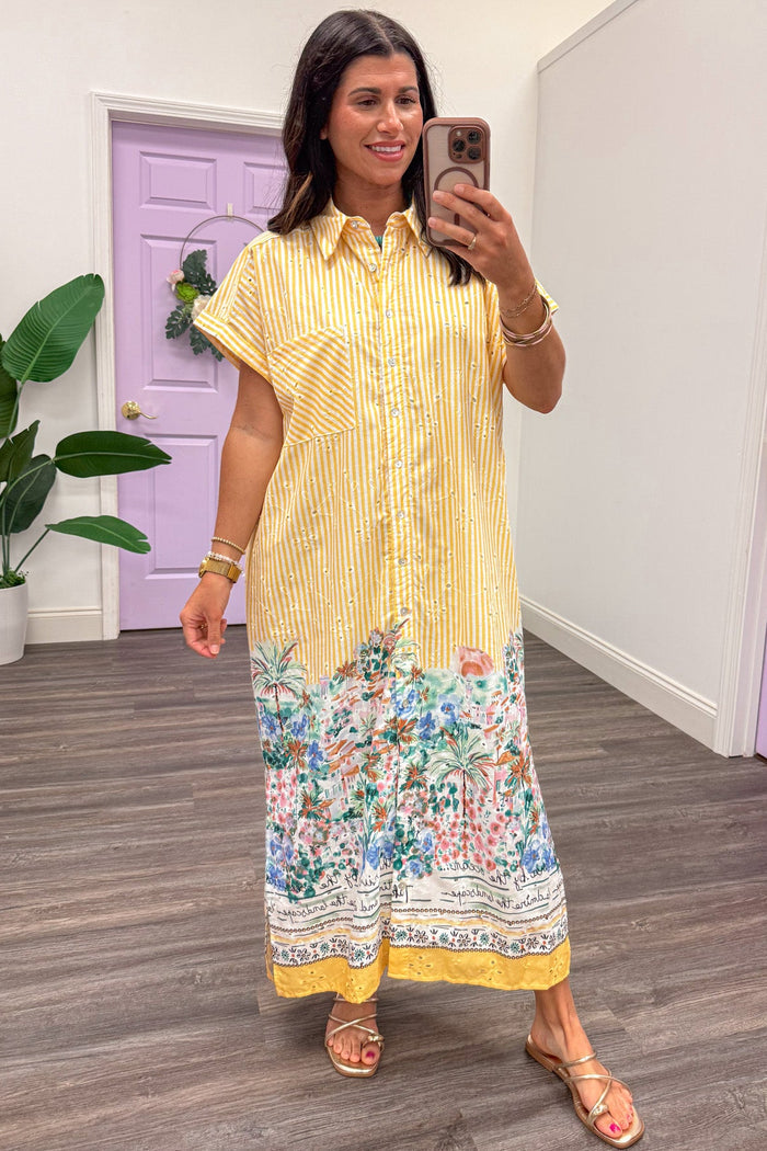 golden yellow striped with bright floral print and eyelet details button down midi dress