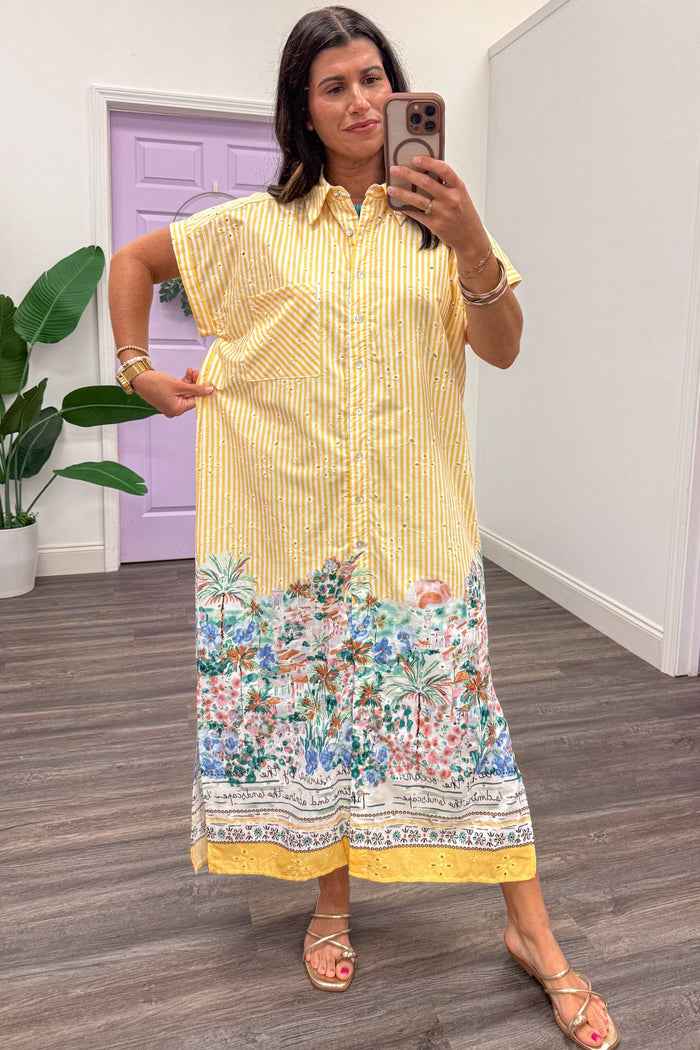 golden yellow striped with bright floral print and eyelet details relaxed silhouette button down midi dress
