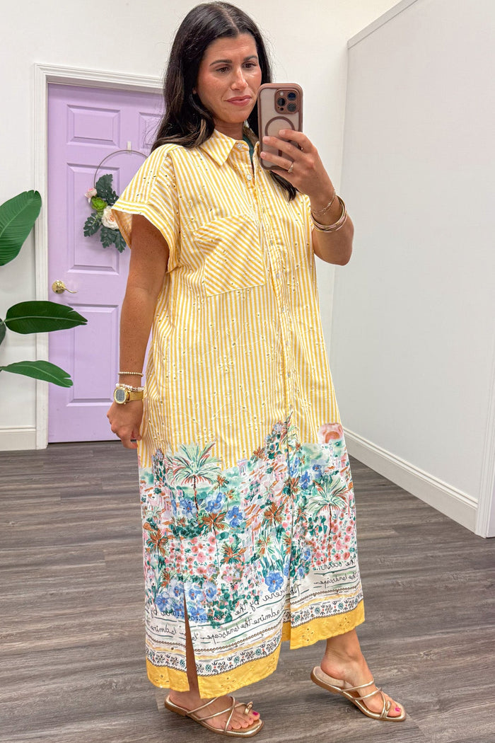 golden yellow striped with bright floral print and eyelet details collared neckline button down midi dress