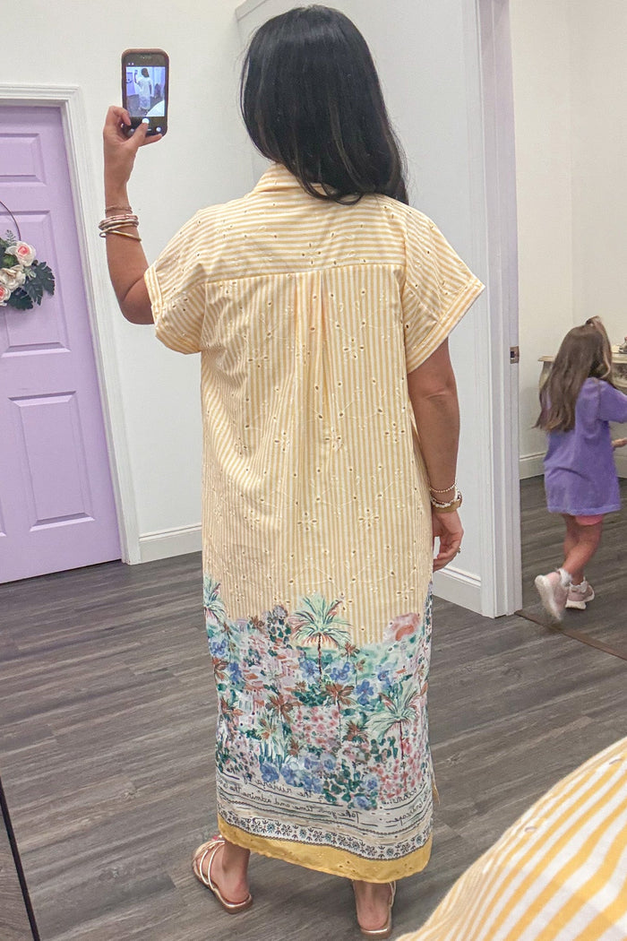 golden yellow striped with bright floral print and embroidered eyelet details button down midi dress