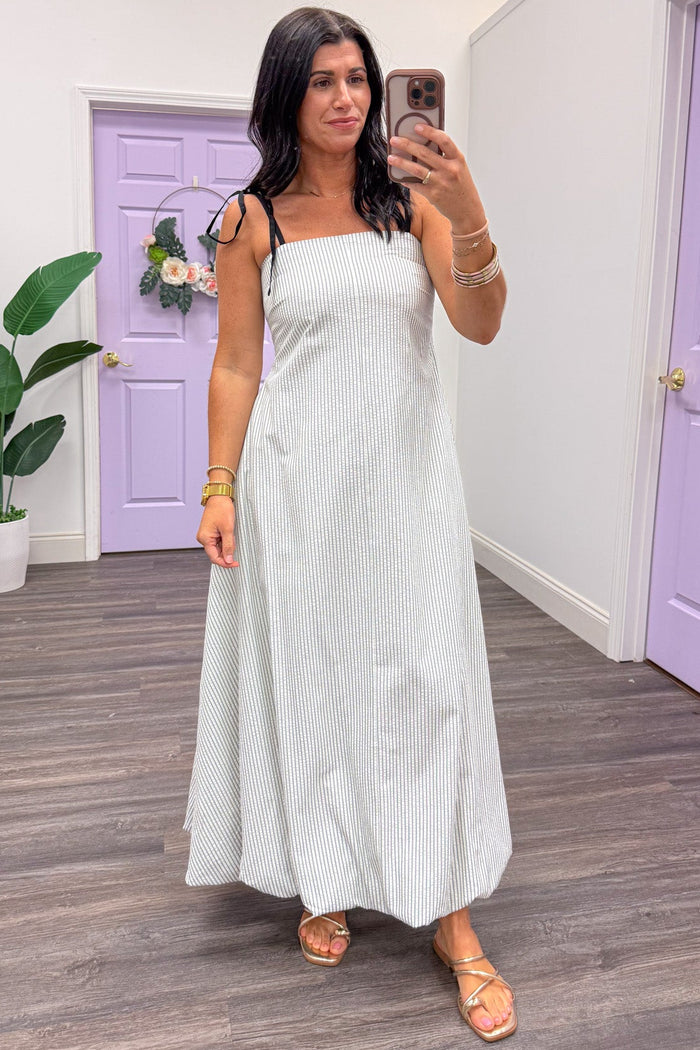 ivory and black vertical striped sleeveless seersucker maxi dress