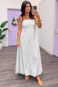 ivory and black vertical striped sleeveless seersucker maxi dress