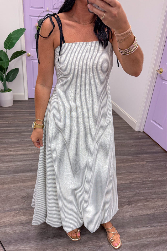 ivory and black striped square neckline spaghetti strap maxi dress
