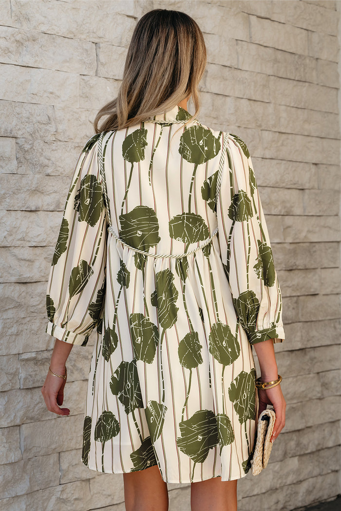 Robe à manches bouffantes et passepoil contrasté à imprimé floral rayé vert Guacamole