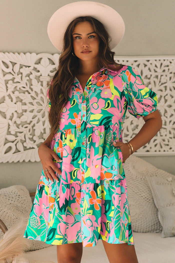 Robe babydoll boutonnée à col floral *