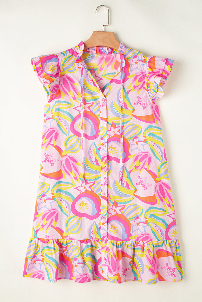 Robe boutonnée à manches flottantes et à volants floraux abstraits rose