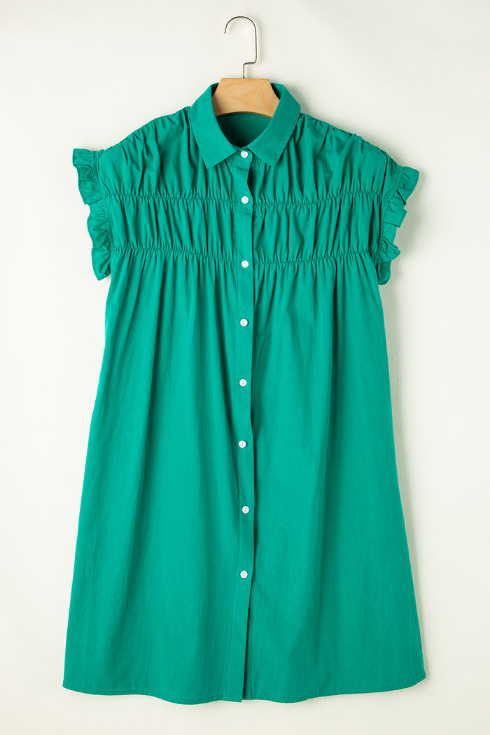 Robe courte boutonnée à manches volantées et froncée vert vif