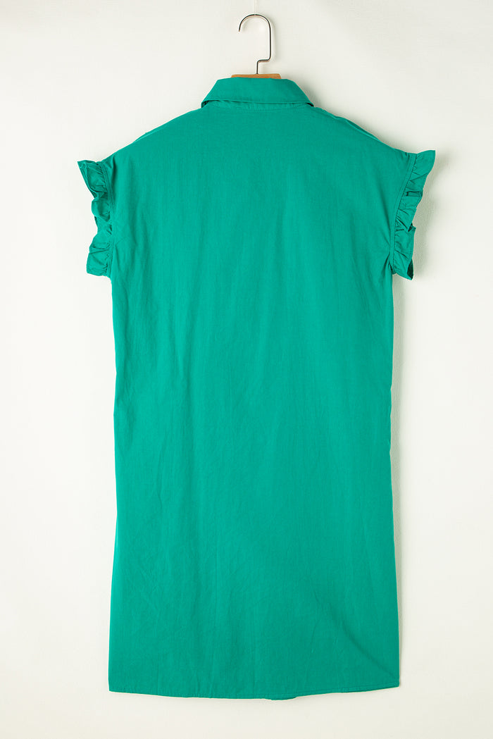 Robe courte boutonnée à manches volantées et froncée vert vif