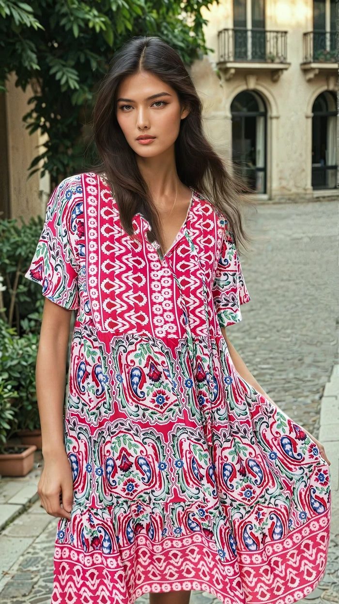 Robe courte rose imprimé bohème *